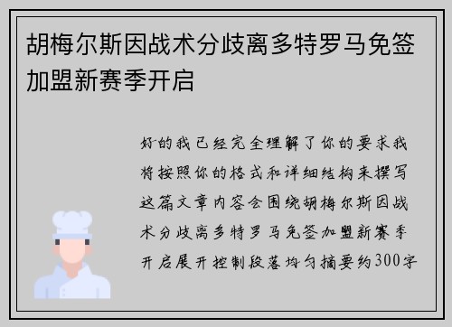胡梅尔斯因战术分歧离多特罗马免签加盟新赛季开启