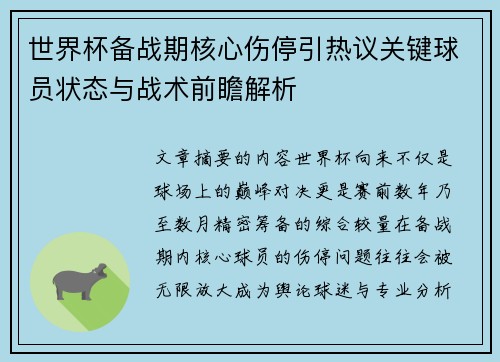 世界杯备战期核心伤停引热议关键球员状态与战术前瞻解析